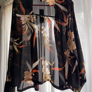 Black tropical sheer long sleeve kimono